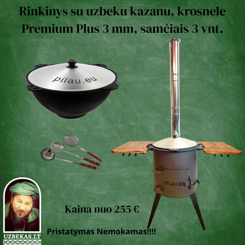 Set- Fire stove “Premium Plus” with shelf, uzbek polished Kazan with a flat bottom, 8-10-12-16-22 liters, with aluminum cover, skimmer 46 cm, ladle 46 cm, skimmer-colander 46 cm