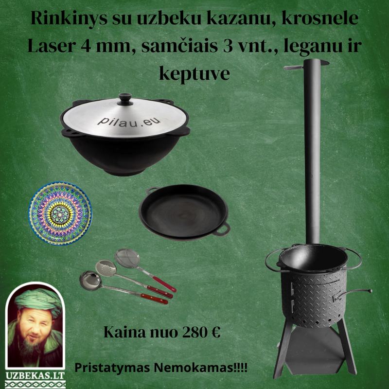 Set – Fire oven “Laser” 4mm steel, with Uzbek polished Kazan 10-12-16-22 l, made of cast iron, with aluminum lid, flat bottom, skimmer 46 cm, ladle 46 cm, skimmer-colander 46 cm, Legan (plate), uzbek polished cast lid pan