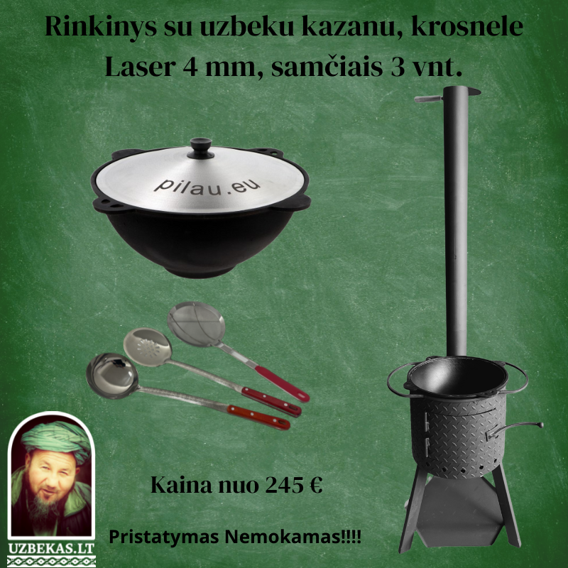 Set – Fire oven “Laser” 4mm steel, with Uzbek polished Kazan 10-12-16-22 l, made of cast iron, with aluminum lid, flat bottom, skimmer 46 cm, ladle 46 cm, skimmer-colander 46 cm