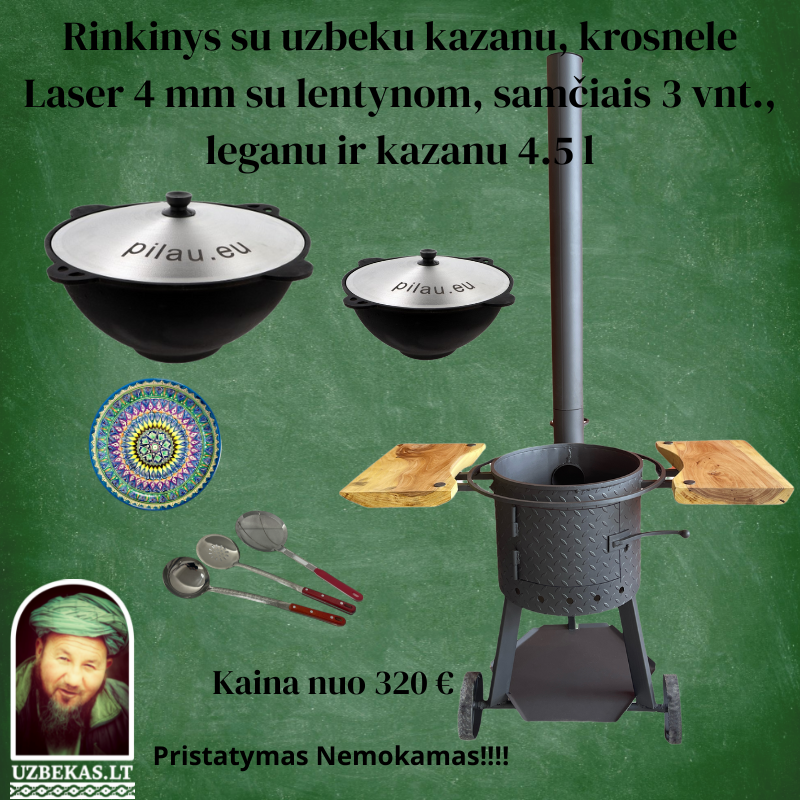 Set – Fire oven “Laser” 4mm steel with shelves and wheels, with Uzbek polished Kazan 10-12-16-22 l, made of cast iron, with aluminum lid, flat bottom, skimmer 46 cm, ladle 46 cm, skimmer-colander 46 cm, Legan (plate), Kazan 4,5 l