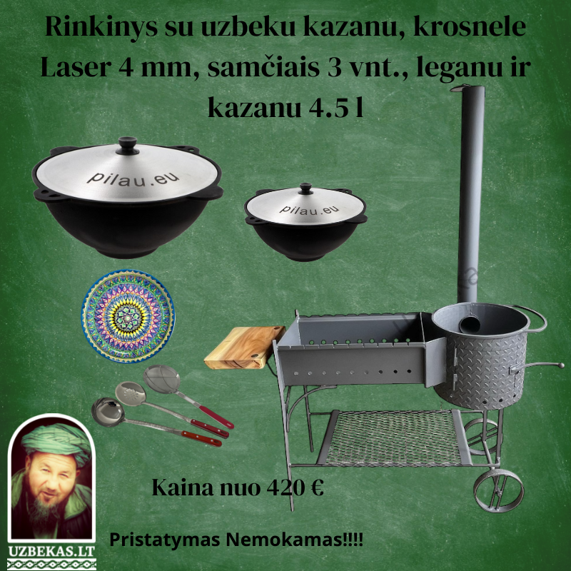 Set – Fire oven “Laser” 4mm steel with shelves and wheels, with Uzbek polished Kazan 12-16-22 l, made of cast iron, with aluminum lid, flat bottom, skimmer 46 cm, ladle 46 cm, skimmer-colander 46 cm, Legan (plate), Kazan 4,5 l