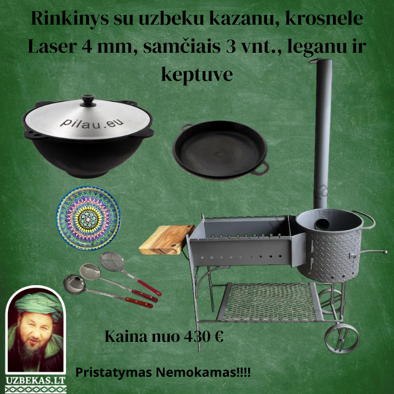 Set – Fire oven “Laser” 4mm steel with shelves and wheels, with Uzbek polished Kazan 12-16-22 l, made of cast iron, with aluminum lid, flat bottom, skimmer 46 cm, ladle 46 cm, skimmer-colander 46 cm, Legan (plate), uzbek polished cast lid pan