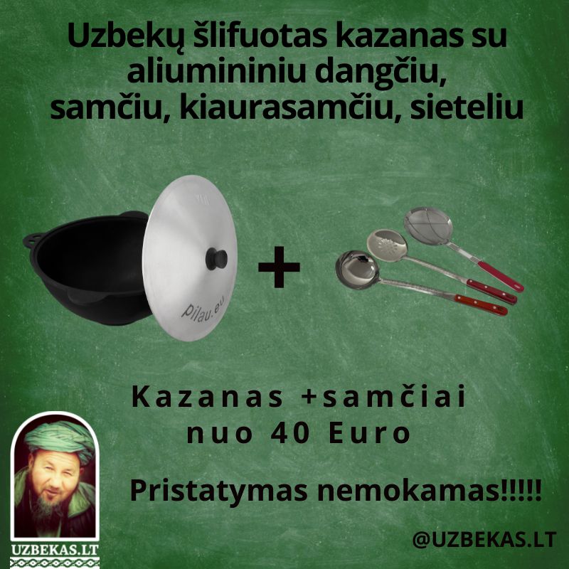 Set - Uzbek polished Kazan 8-10-12-16-22 l, flat bottom, with skimmer, ladle, skimmer-colander