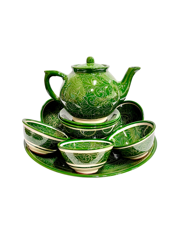 Handmade Tea Set “Tilma”, green pattern