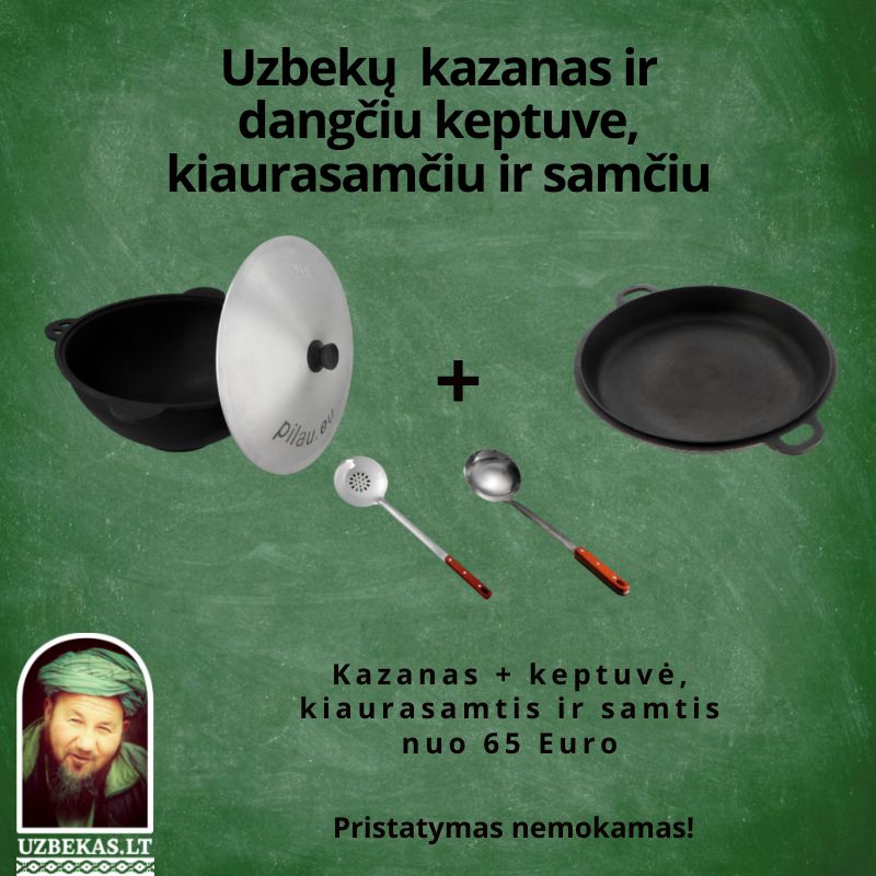 Set - Uzbek polished Kazan 6-8-10-12-16-22 l, with aluminum lid, flat bottom, polished cast lid pan, with skimmer, ladle