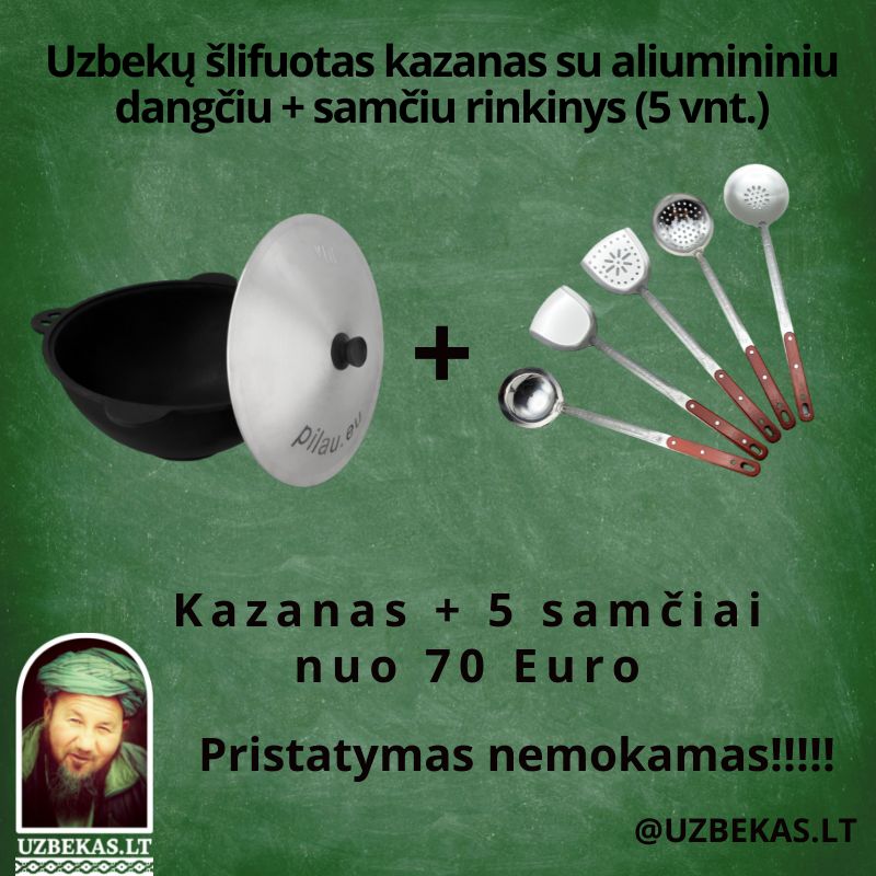 Set - Uzbek polished Kazan 10-12-16-22 l, flat bottom, with skimmer, ladle, perforated ladle, solid turner, slotted turner