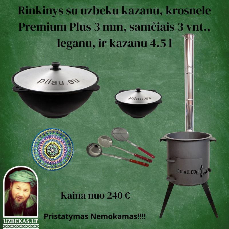 Set- Fire stove “Premium Plus”, uzbek polished Kazan with a flat bottom, 8-10-12-16-22 liters, with aluminum cover, skimmer 46 cm, ladle 46 cm, skimmer-colander 46 cm, Legan (plate), Kazan 4,5 l