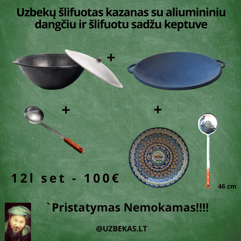 Set - polished Uzbek cauldron 12 l with flat bottom, skimmer 46 cm, ladle 46 cm, saj 40 cm, lyagan 32-34 cm