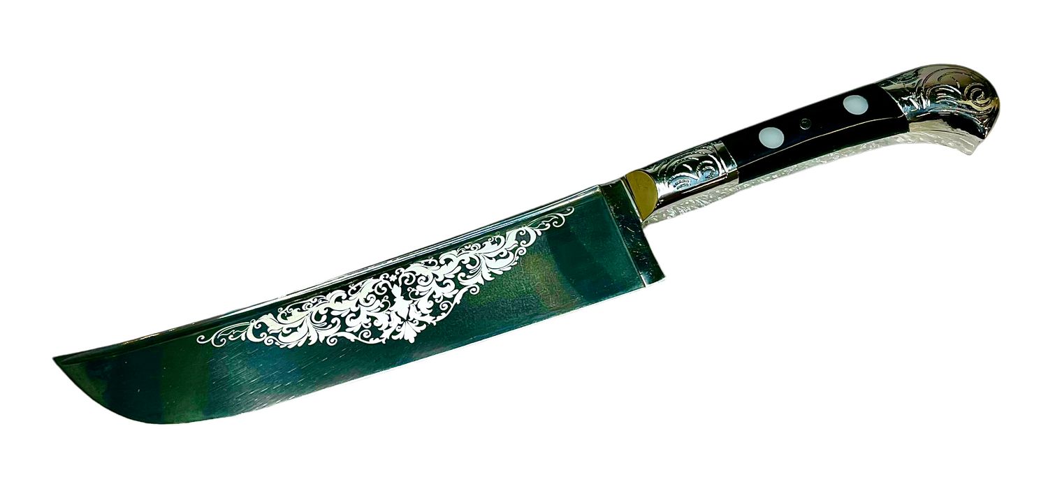 Uzbek knife Pchak, Inox handle, with engraving, blade 15-16 cm, total length 27 cm.