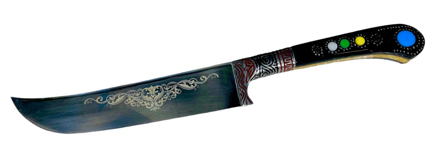 Uzbek knife Pchak, organic glass handle, with engraving, blade 15 cm, total length 27 cm.