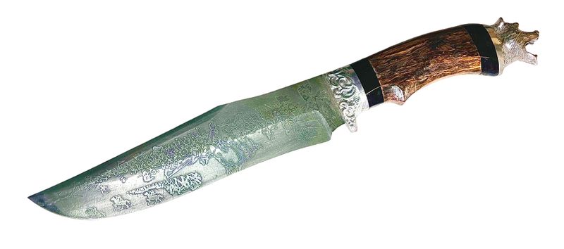 Uzbek knife Pchak Bear, ebonite handle, with engraving, blade 18-19 cm, total length 33 cm.