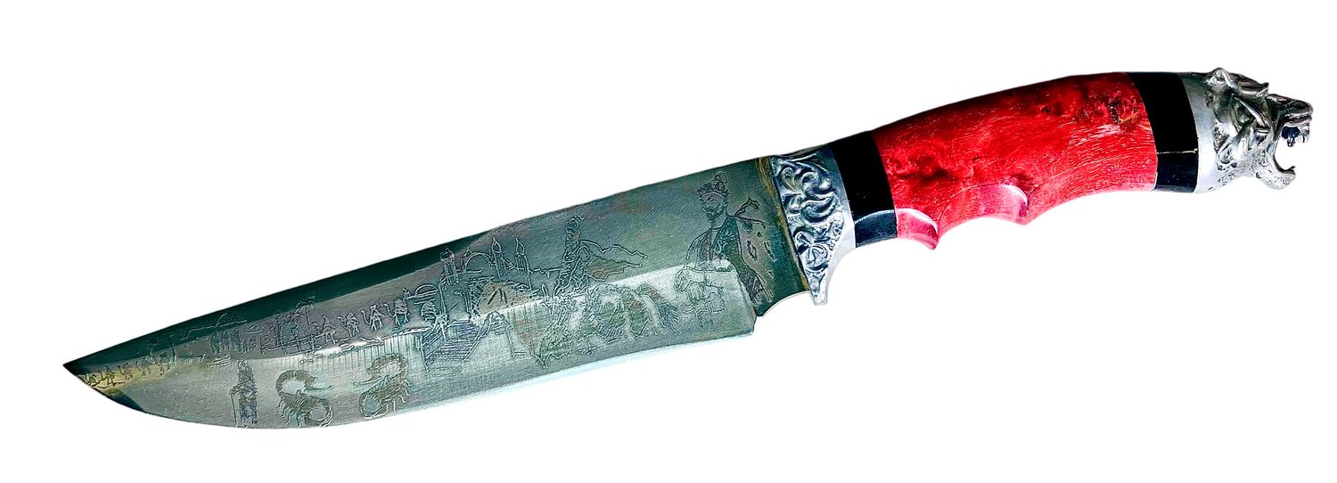 Uzbek knife Pchak Tiger, ebonite handle, with engraving, blade 18-19 cm, total length 33 cm.