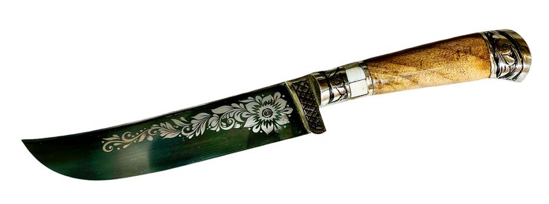 Uzbek knife Pchak, walnut handle, with engraving, blade 17 cm, total length 30-31 cm.