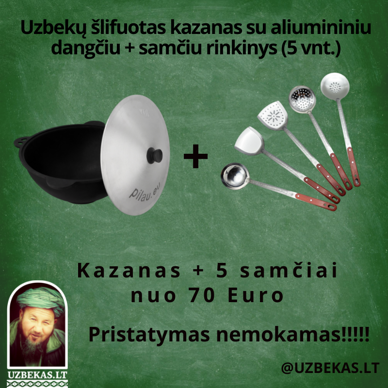 Set - Uzbek polished Kazan 10-12-16-22 l, flat bottom, with skimmer, ladle, perforated ladle, solid turner, slotted turner