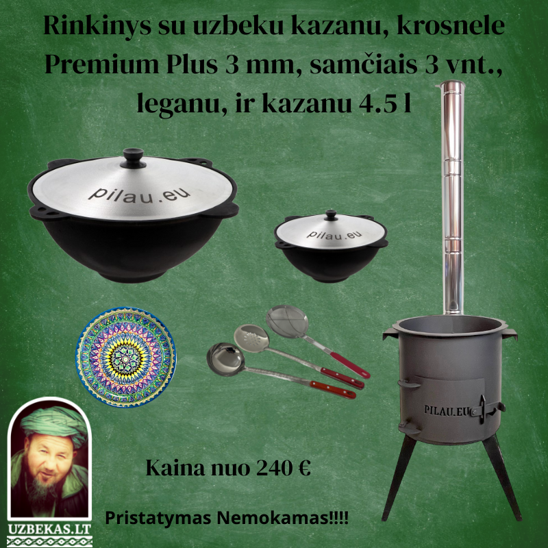 Set- Fire stove “Premium Plus”, uzbek polished Kazan with a flat bottom, 8-10-12-16-22 liters, with aluminum cover, skimmer 46 cm, ladle 46 cm, skimmer-colander 46 cm, Legan (plate), Kazan 4,5 l