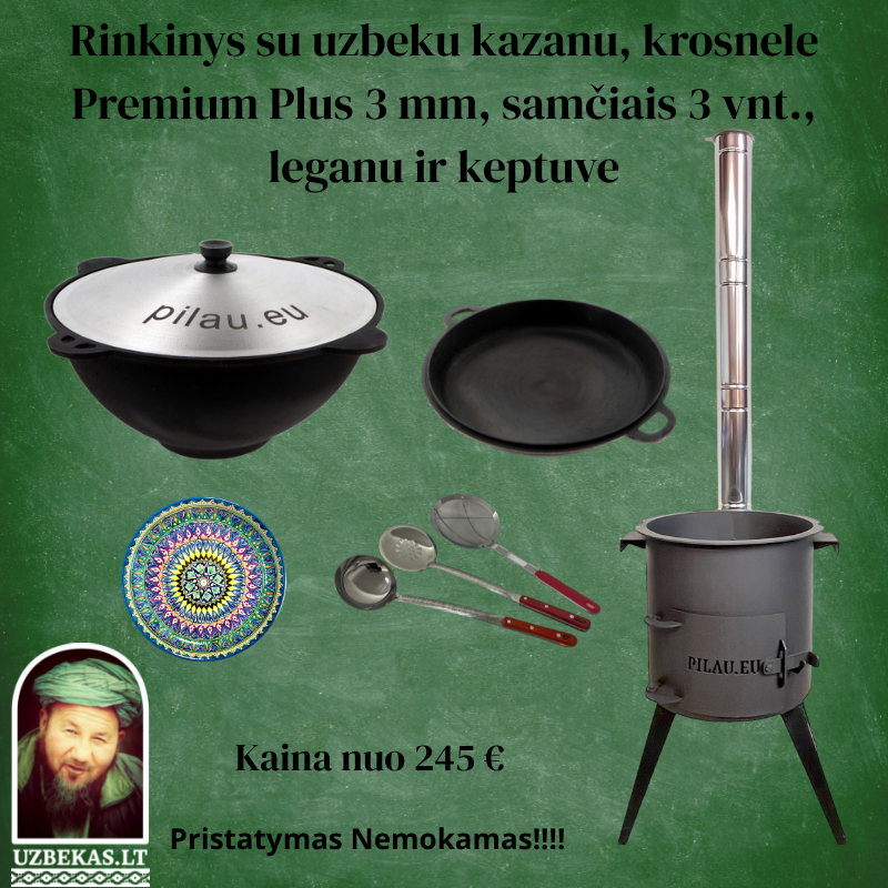 Set- Fire stove “Premium Plus”, uzbek polished Kazan with a flat bottom, 8-10-12-16-22 liters, with aluminum cover, skimmer 46 cm, ladle 46 cm, skimmer-colander 46 cm, Legan (plate), uzbek polished cast lid pan