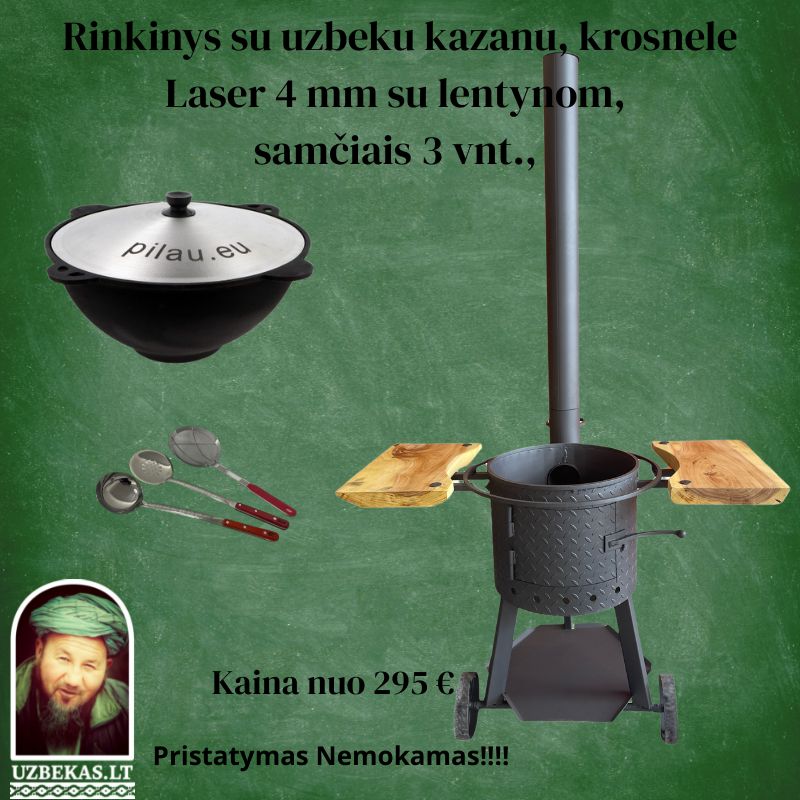 Set – Fire oven “Laser” 4mm steel with shelves and wheels, with Uzbek polished Kazan 10-12-16-22 l, made of cast iron, with aluminum lid, flat bottom, skimmer 46 cm, ladle 46 cm, skimmer-colander 46 cm