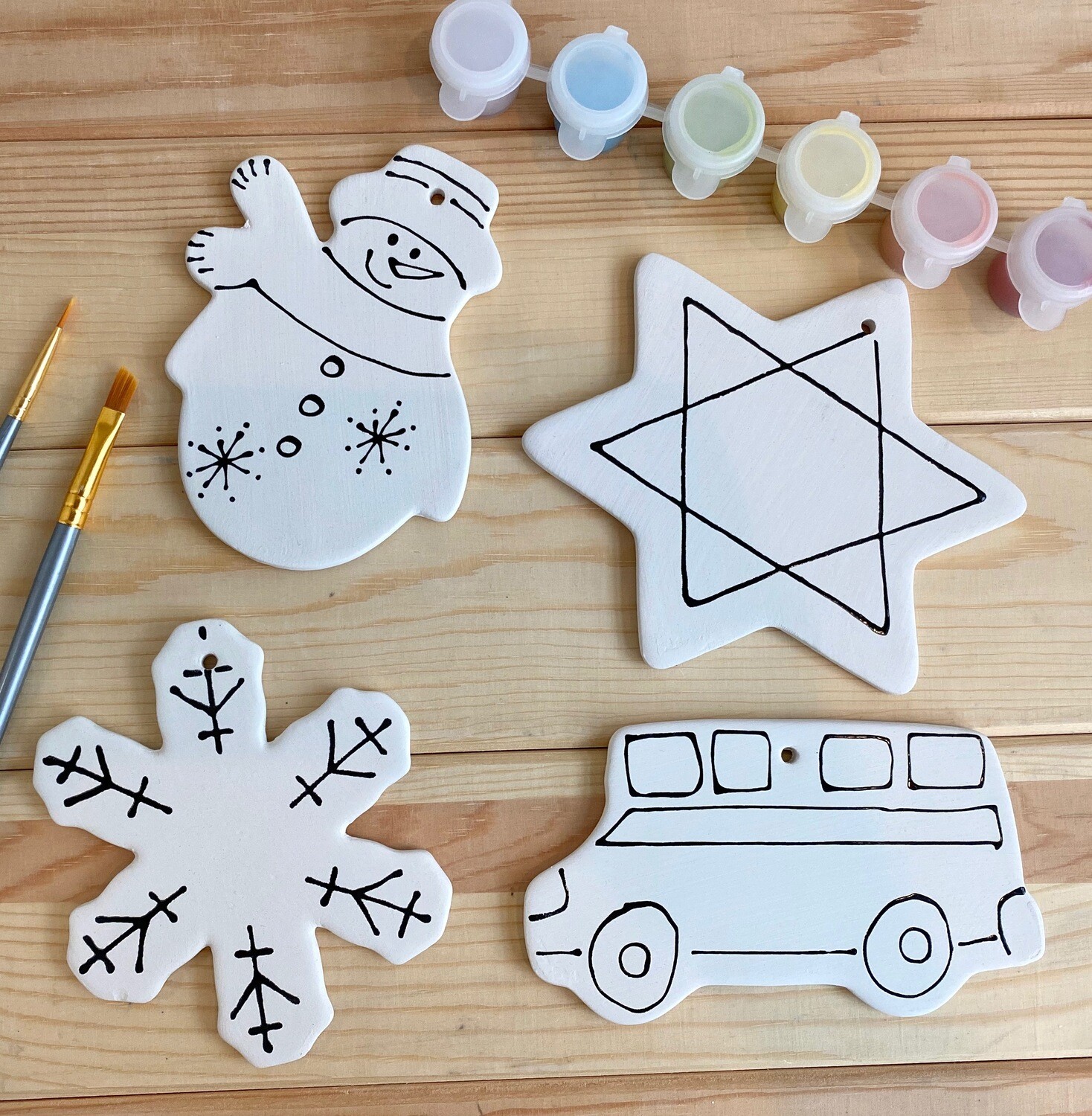 Take Home Coloring Book 4 Winter & Hanukkah Themed Ornaments Kit with Glazes - Pick up Curbside