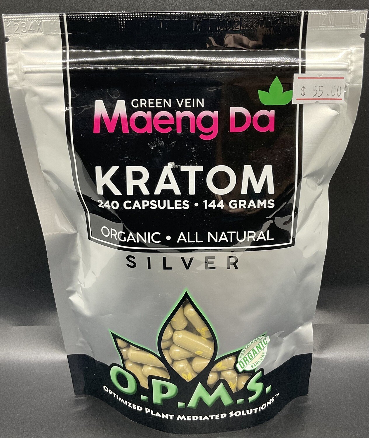 O.P.M.S. Kratom Silver Green Vein Maeng Da 240 Caps 
