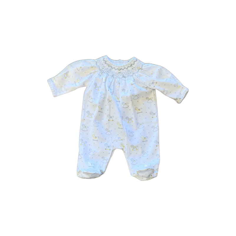 Blue Rocking Horse Hand Smocked Bishop Footie