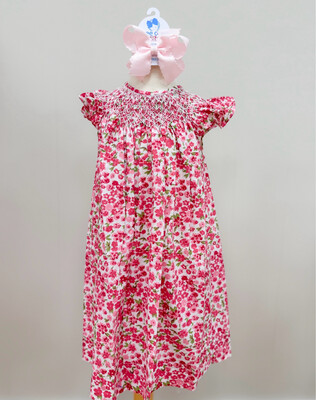 Jane Pink Flower Print Girl- Smocked Dress