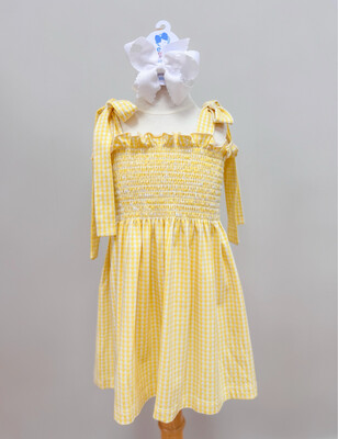 Yellow Gingham Smocked Tie Dress