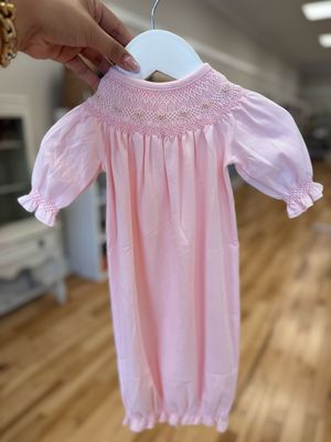 Pink Hand Smocked Pima Bishop Gown- Newborn