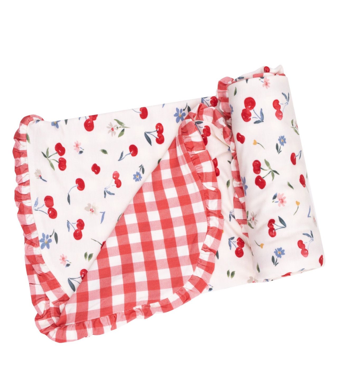 Watercolor Cherries + Gingham Bamboo Ruffle Receiving Blanket (Temp. Backordered)