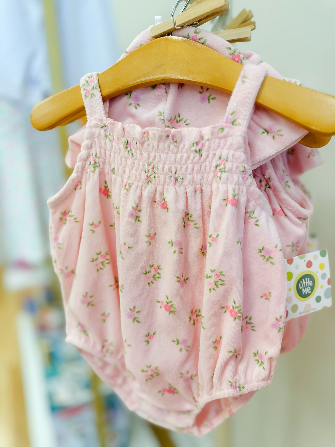 Ditsy Floral Smocked Terry Cloth Bubble &amp; Hat Set