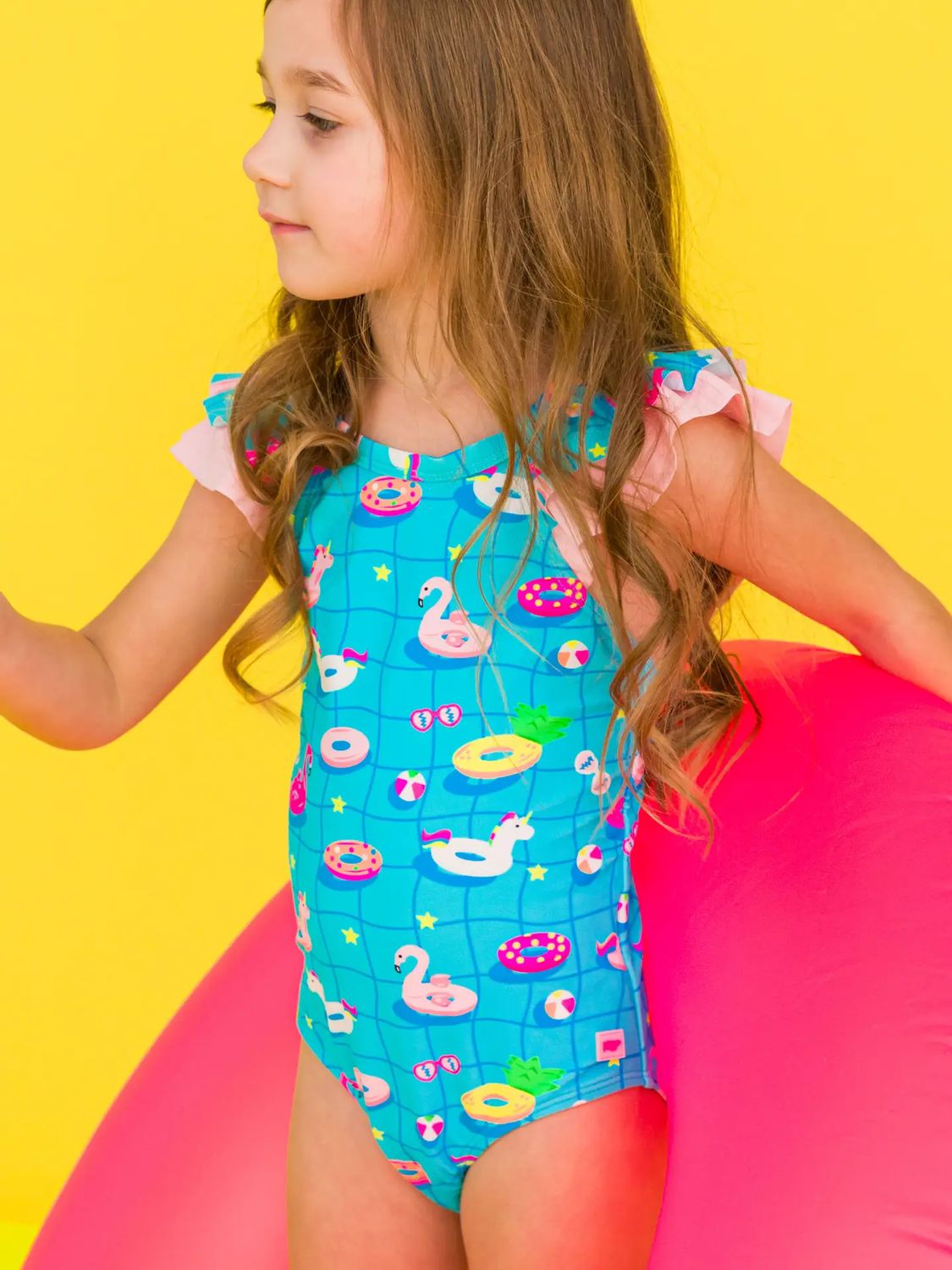 RuffleButts Neon Pool Party Bow V-Back One Piece Swimsuit