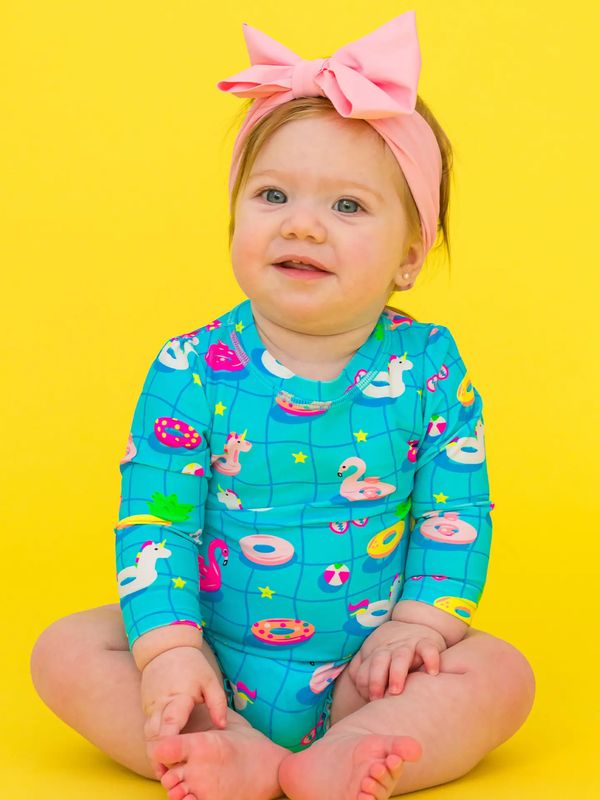 RuffleButts Neon Pool Party L/S One Piece Rash Guard Swimsuit