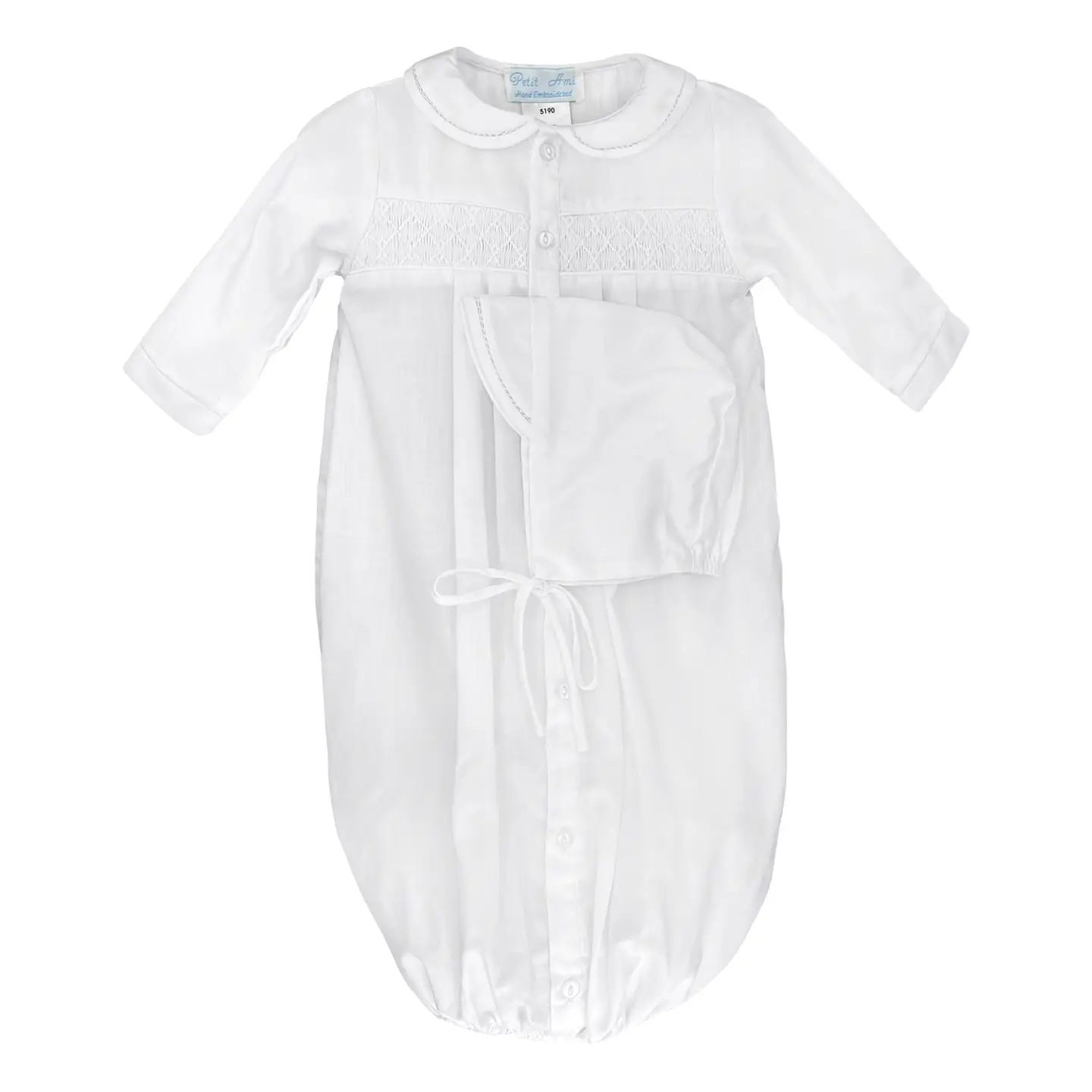 White Neutral Smocked Gown &amp; Hat Set