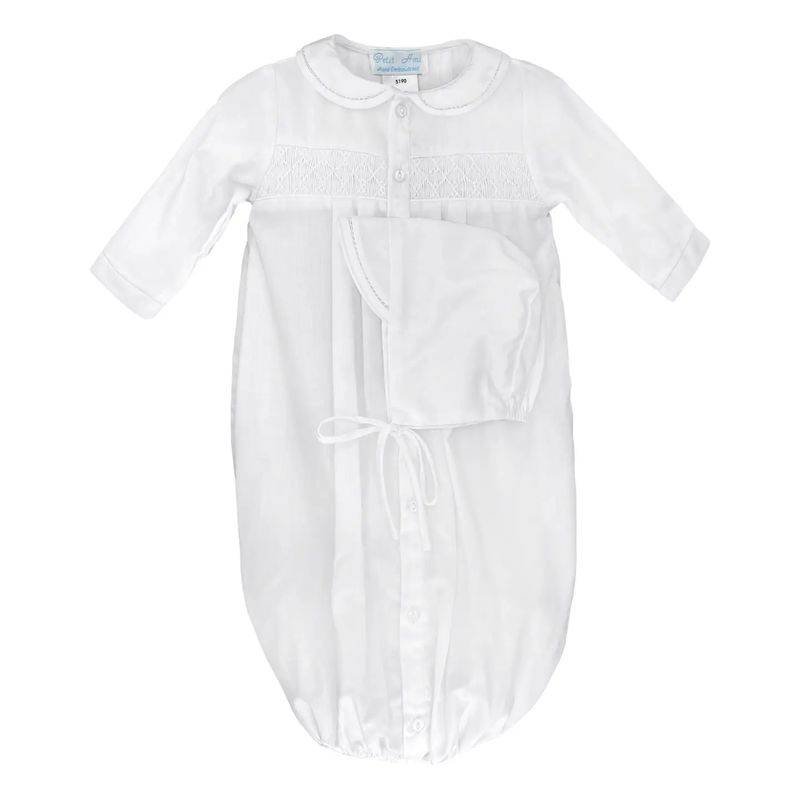 White Neutral Smocked Gown &amp; Hat Set