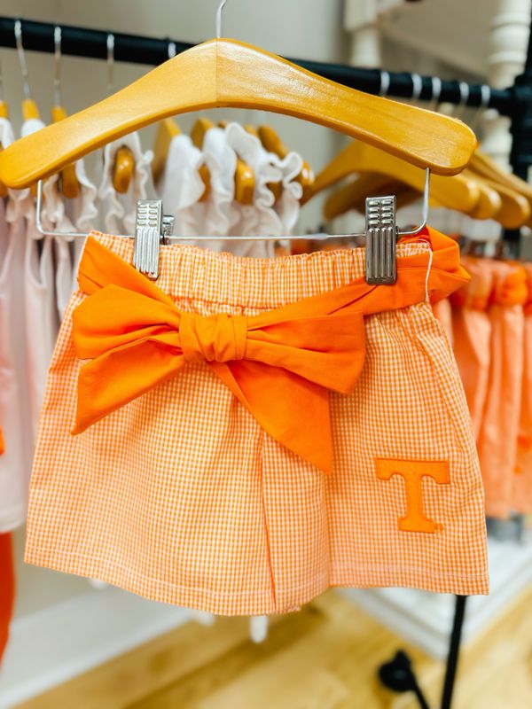 Tennessee Vols Embroidered Orange Gingham Girls Short with Sash