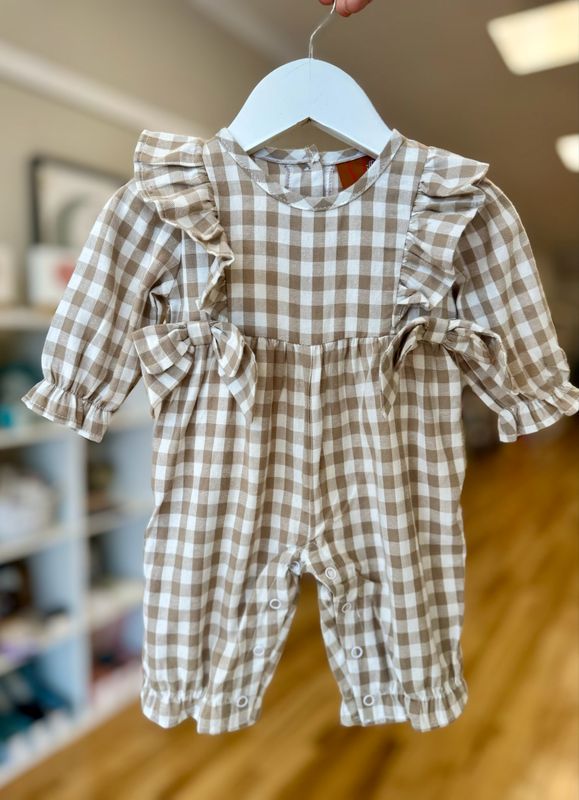 Evelyn Khaki Gingham Romper