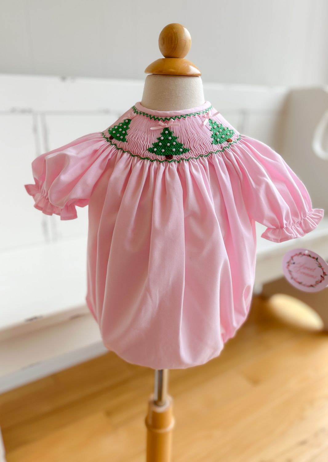 Christmas Trees Pink Pearl Smocked Bubble