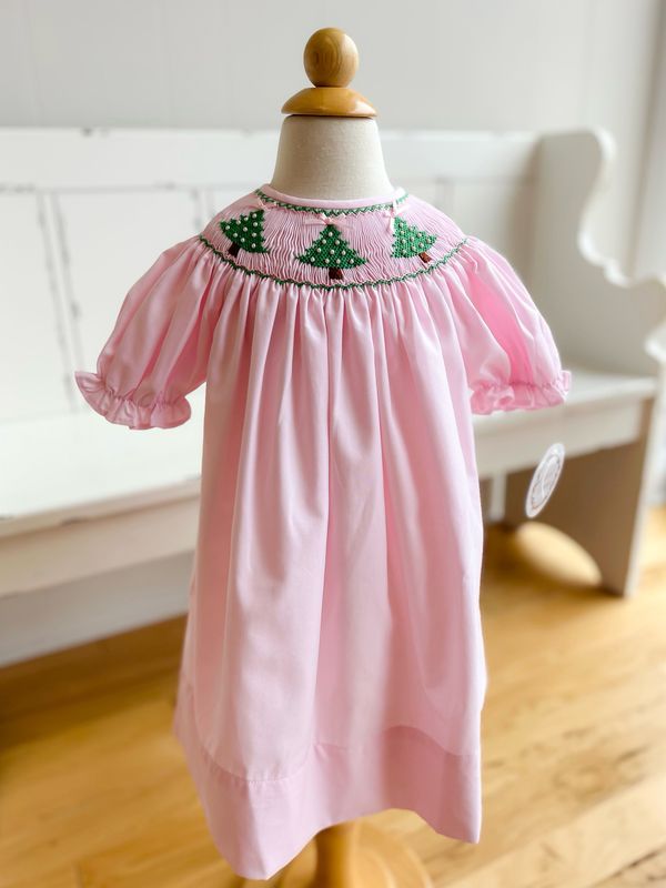 Christmas Trees Pink Pearl Smocked Dress