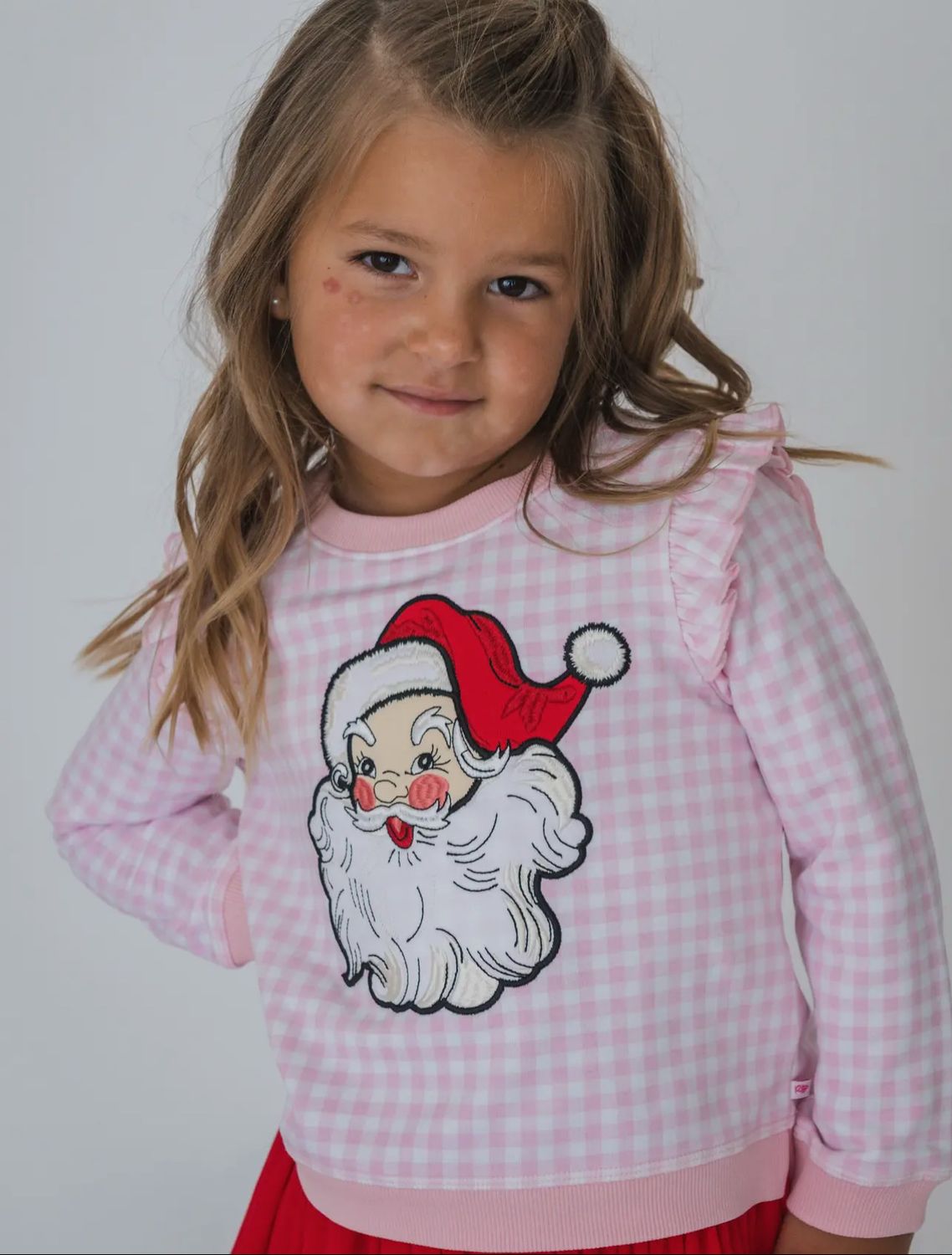 Dear Santa Pink Gingham Applique Flutter Sweatshirt