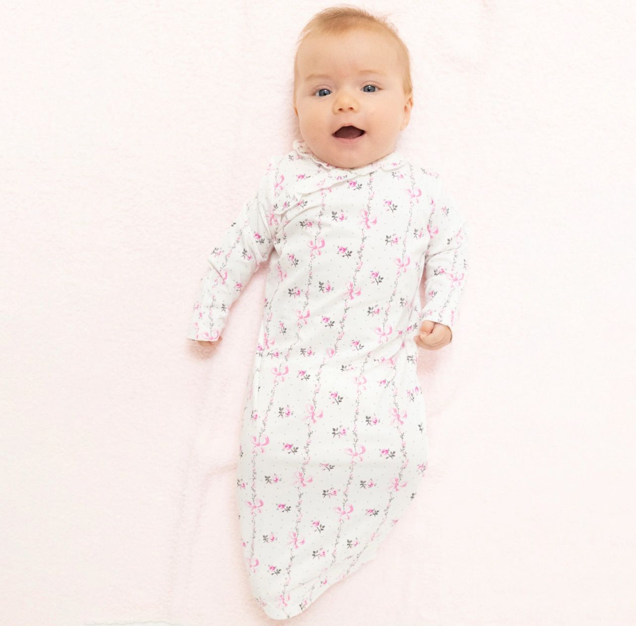 Dainty Buds and Bows Stripe - Kimono Gown &amp; Ruffle Top Knot Hat