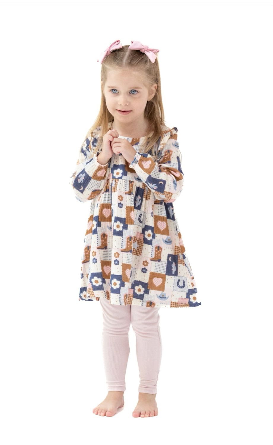 Patchwork Cowgirl Ruffle L/S Dress &amp; Ribbed Leggings