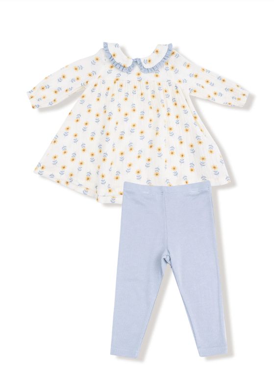 Western Sunflower Eyelet Trim Dress &amp; Ribbed Leggings Set