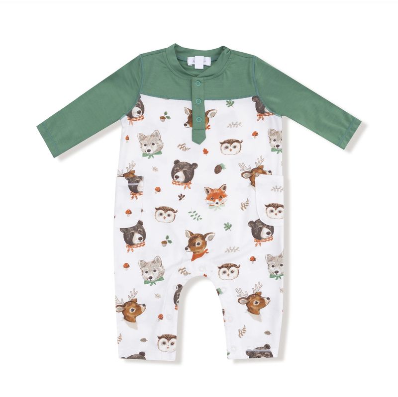 Woodland Animal Faces Contrast Sleeve Romper