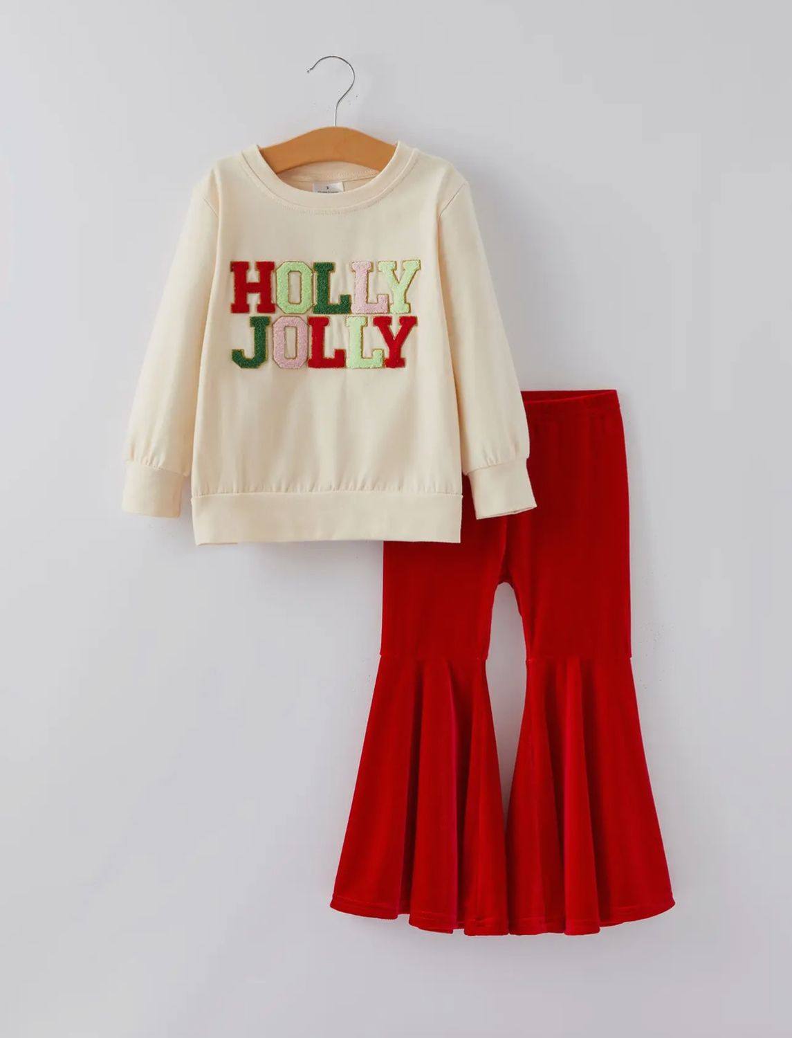 Holly Jolly Patched Top &amp; Red Velour Bell Bottoms Set
