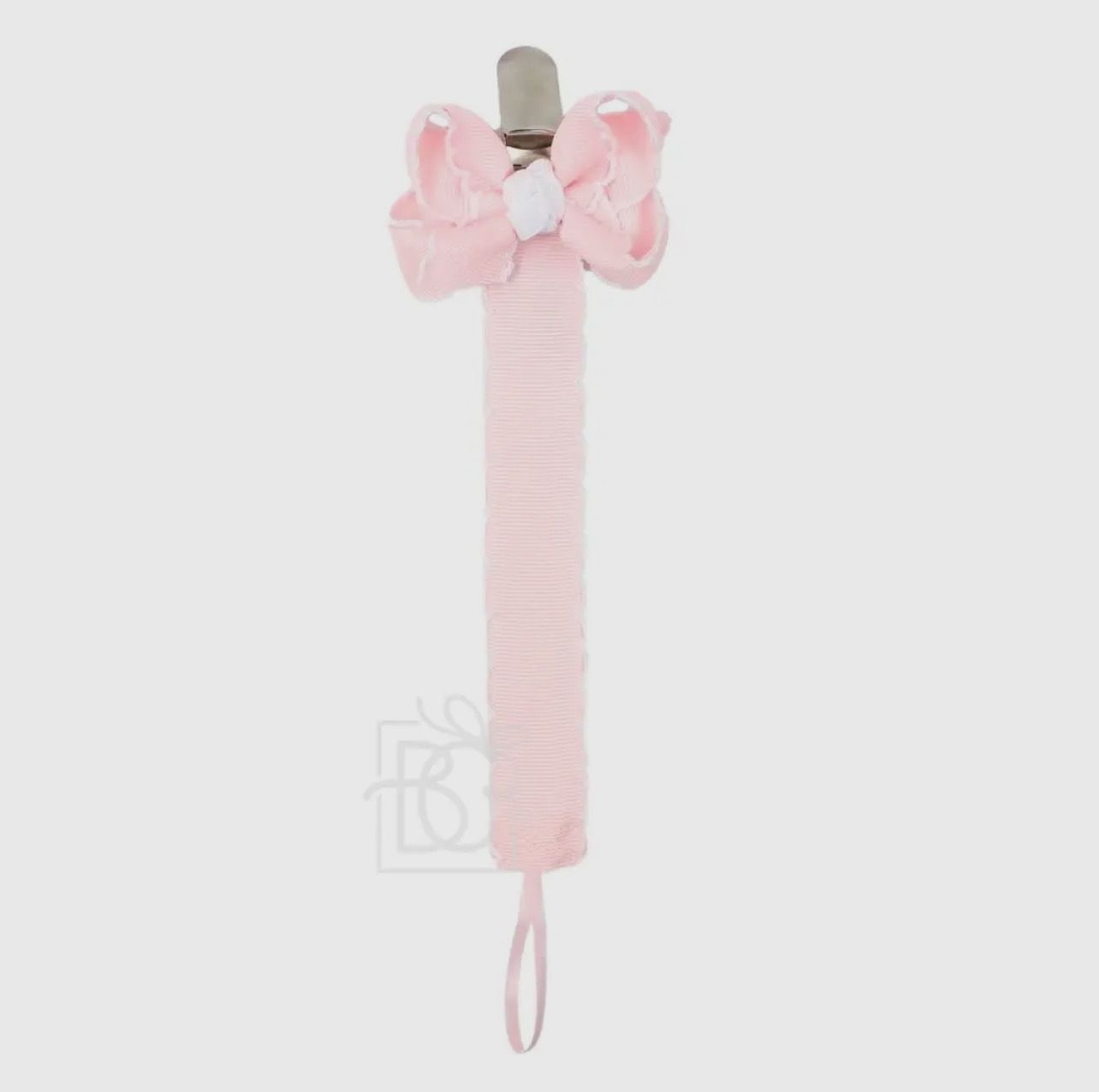 Pacifier Clip with Detachable Hairbow- Light Pink with White Moonstitch