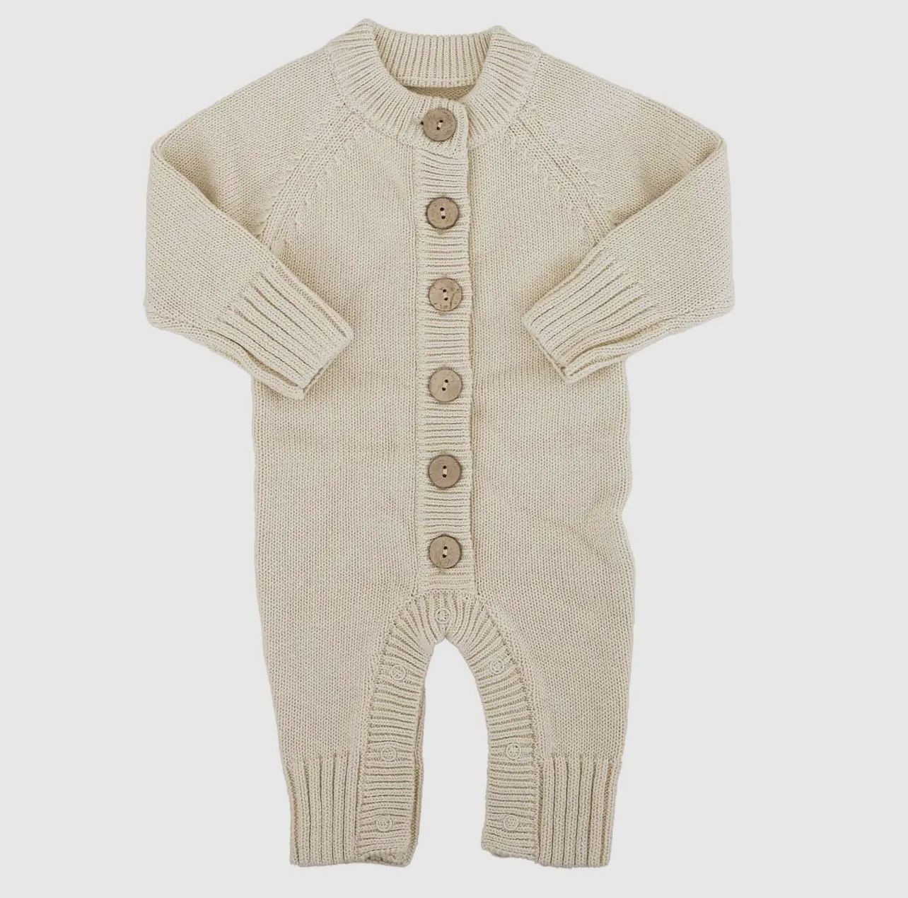 Caden Lane Newborn Knit Sweater Button Romper W/Pom Pom Beanie (Sand)