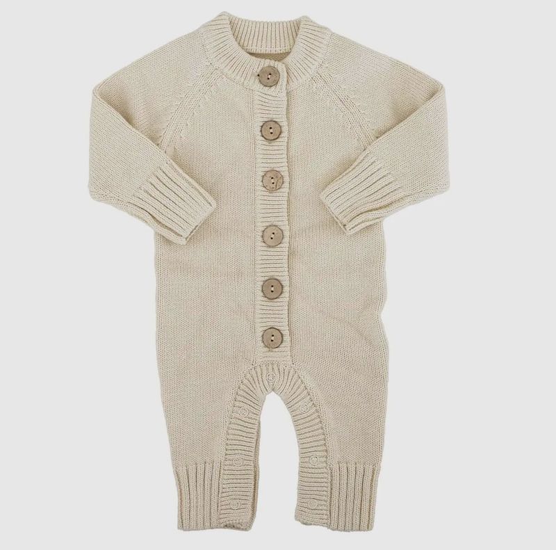 Caden Lane Newborn Knit Sweater Button Romper W/Pom Pom Beanie (Sand)