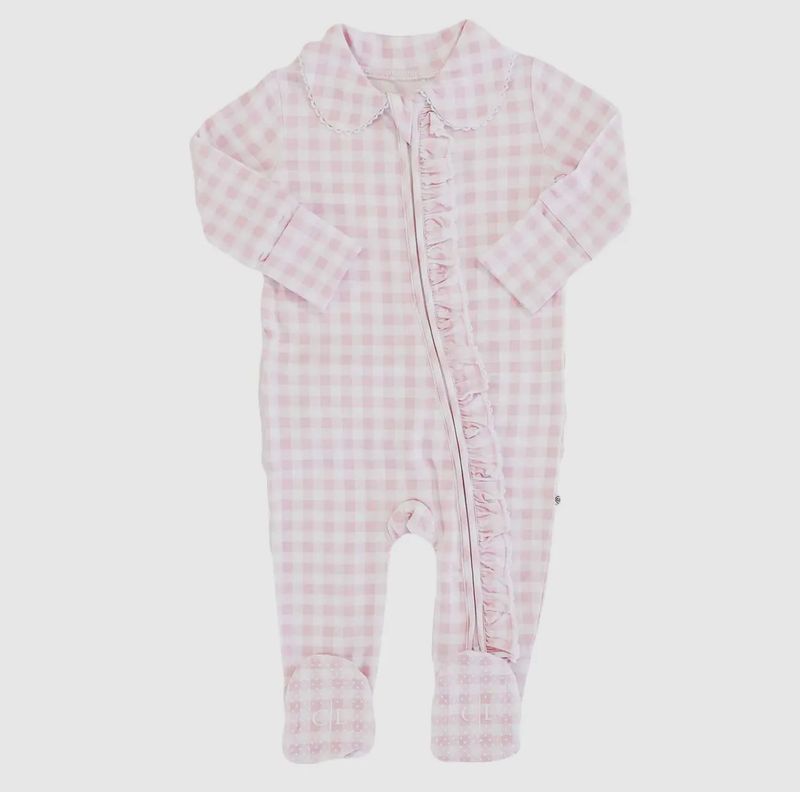 Caden Lane Peter Pan Collar Ruffle Zipper Footie- Pink Gingham