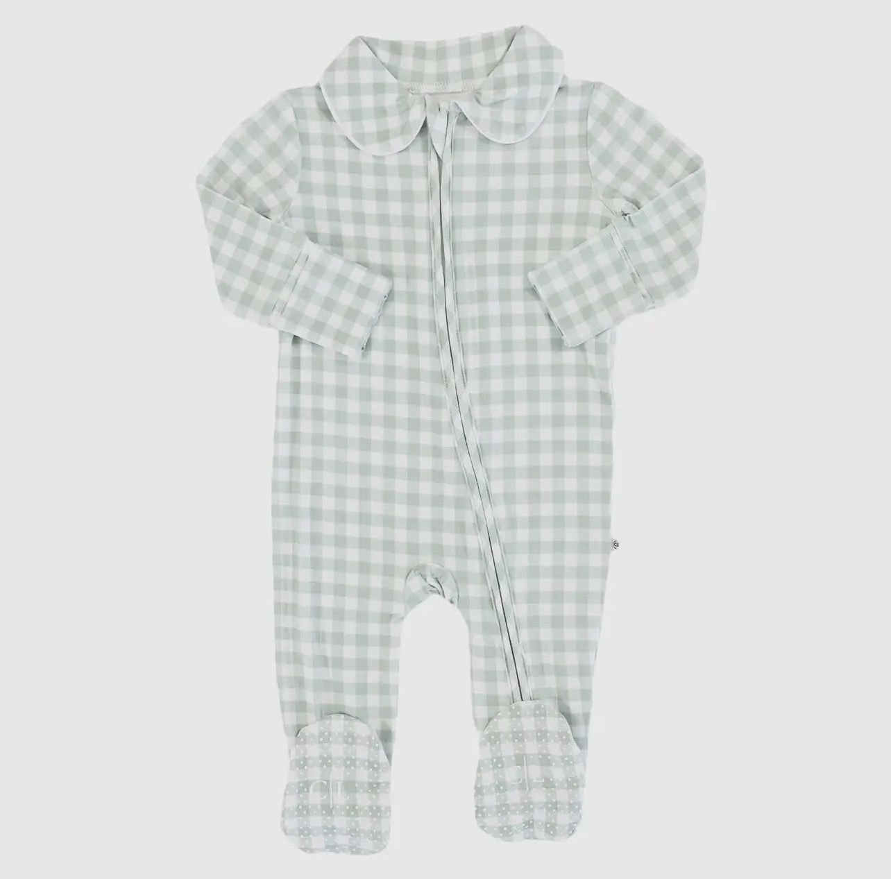 Caden Lane Peter Pan Collar Zipper Footie- Moss Gingham