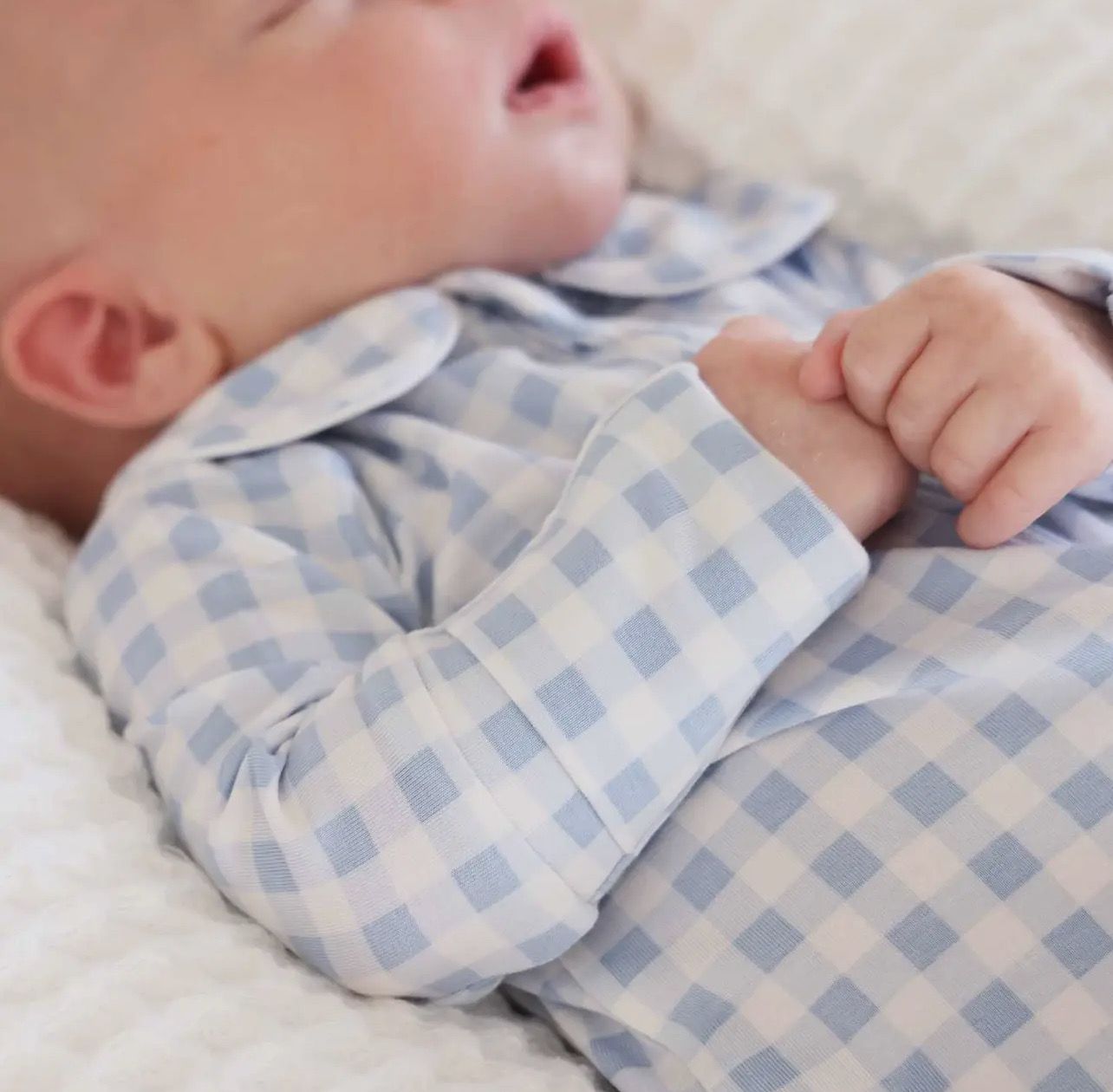 Caden Lane Peter Pan Collar Zipper Footie- Dusty Blue Gingham