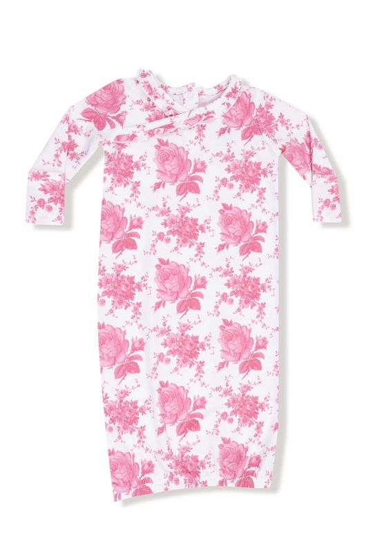 Vintage Pink Roses Kimono Gown &amp; Ruffle Top Knot Hat